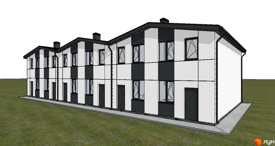 Зовнішній вигляд двоповерхових будинків ЖК Свій Квартал з контрастним фасадом та вікнами, що виходять на зелену галявину.