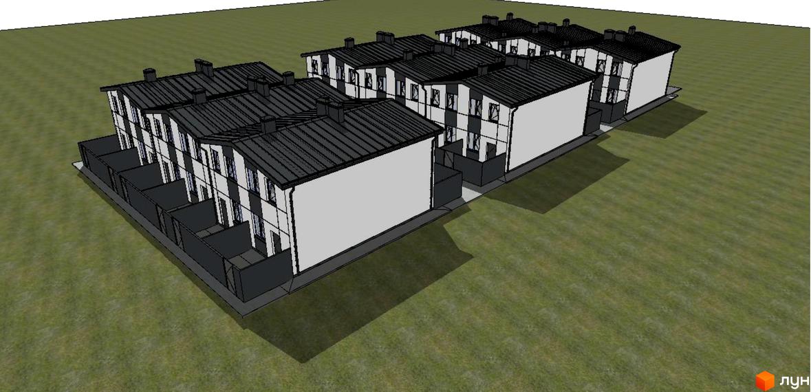 Візуалізація житлового комплексу Свій Квартал з сірими дахами та білими фасадами, розташованого на зеленій галявині.