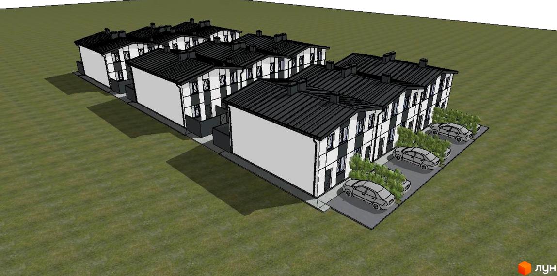 Зовнішній вигляд будинків ЖК Свій Квартал з чорними дахами та білими стінами, поруч розташовані паркувальні місця з автомобілями та зелені насадження.