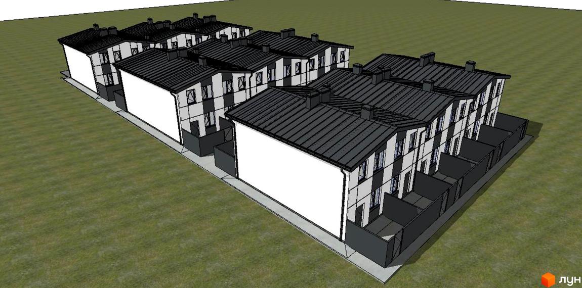 Новобудова Свій Квартал: триповерхові будинки з темними дахами та білими фасадами, огороджена прибудинкова територія. Комплекс розташований на зеленій ділянці.