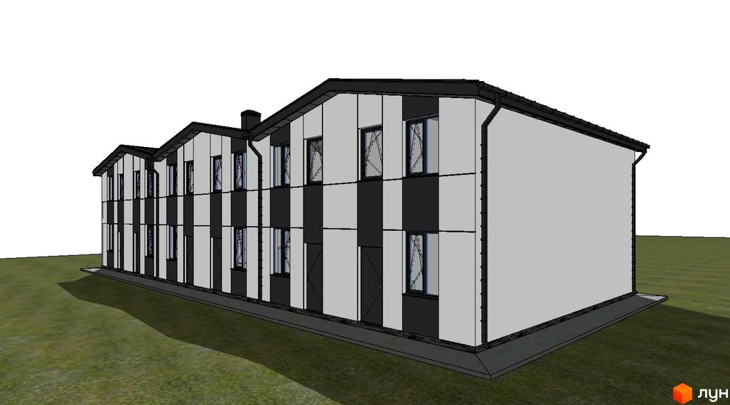 Зовнішній вигляд новобудови ЖК Свій Квартал з двома поверхами та чергуванням світлих та темних панелей. Навколо будинку зелена галявина.