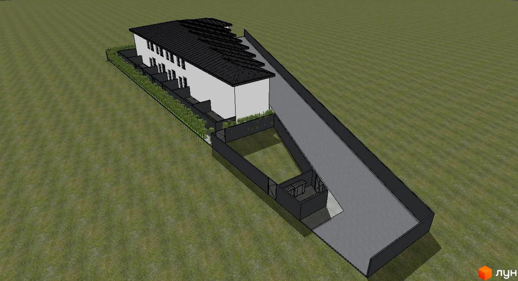 Зовнішній вигляд новобудови ЖК Свій Квартал з прибудинковою територією та паркінгом. Архітектурний проєкт житлового комплексу.