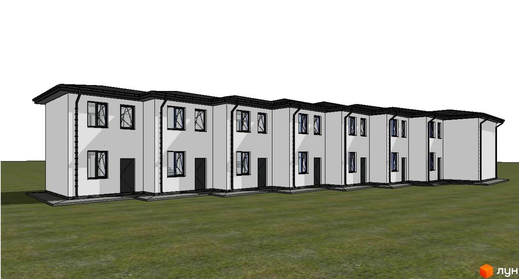 Зовнішній вигляд новобудови ЖК Свій Квартал, що складається з рядів однакових будинків з чорними дахами та білими стінами, на тлі зеленої галявини.