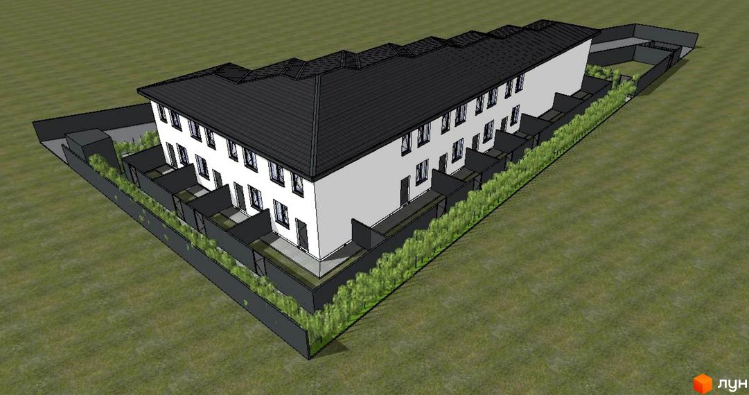 Зовнішній вигляд житлового комплексу Свій Квартал з білими фасадами та чорним дахом, огороджена територія з зеленими насадженнями.