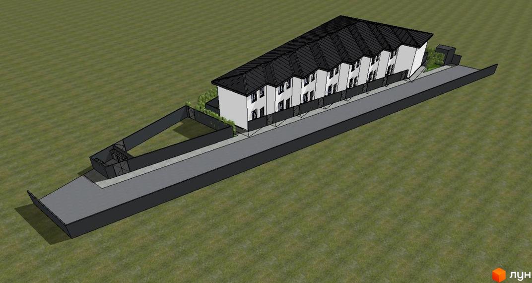 Зовнішній вигляд новобудови ЖК Свій Квартал з білими фасадами та чорним дахом, огороджена територія з дорогою.