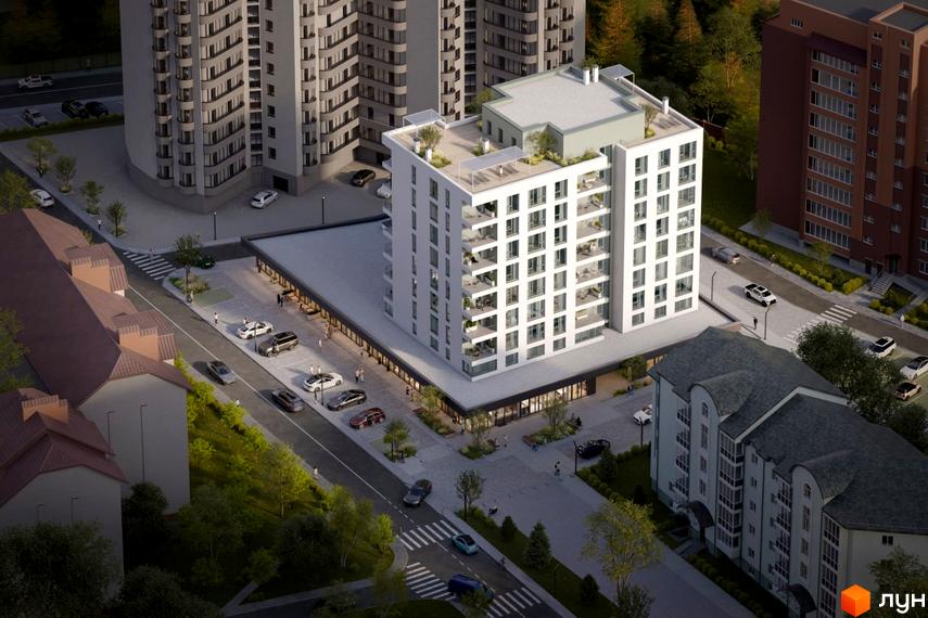 Зовнішній вигляд новобудови з балконами та терасами, прибудинкова територія з дорогою та паркуванням.