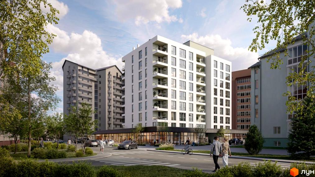 Зовнішній вигляд житлового комплексу на вул. Скоропадського, 10а, з білим фасадом та балконами, прибудинковою територією з деревами та дорогою.