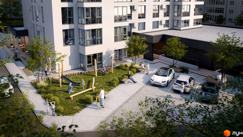 Новобудова вул. Скоропадського, 10а з дитячим майданчиком та парковкою. Зовнішній вигляд будинку та прибудинкова територія.