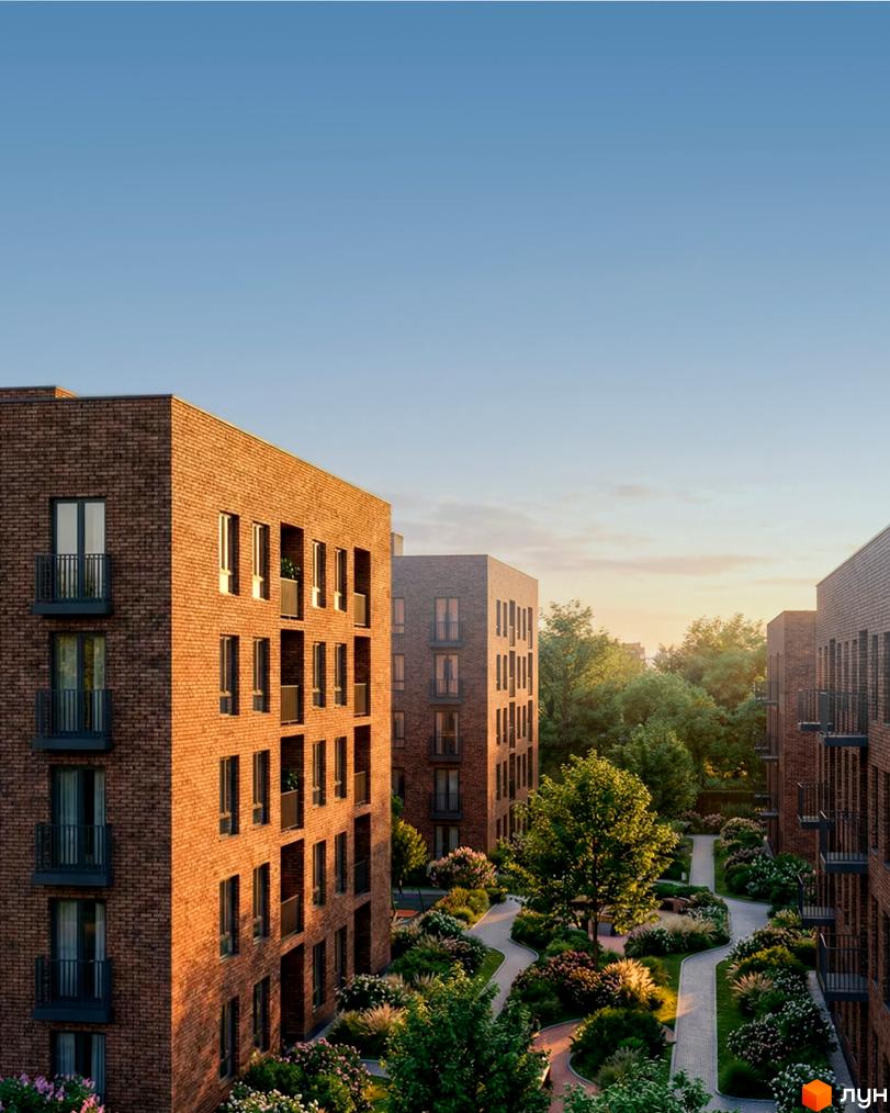 Житловий комплекс Nord-Wood: цегляні будинки з балконами та зелена прибудинкова територія з доріжками та рослинністю.