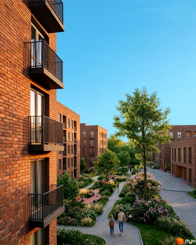 Житловий комплекс Nord-Wood з цегляними фасадами та балконами, упорядкована прибудинкова територія з деревами та квітами.
