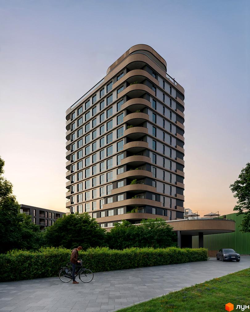 Житловий комплекс Protezione - висотна будівля з вигнутими балконами та великими вікнами, зелена прибудинкова територія з велосипедом та автомобілем.