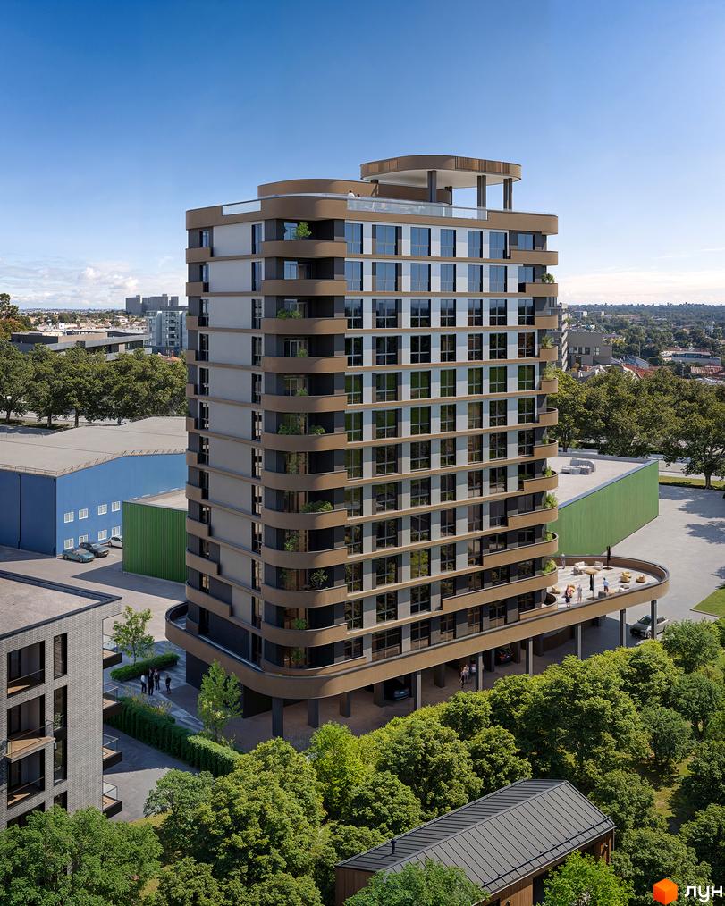 Будівельний проєкт Protezione з вигнутими балконами та панорамними вікнами, оточений деревами та сусідніми будівлями.