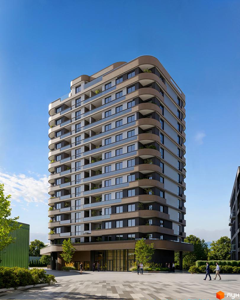 Зовнішній вигляд новобудови Protezione з балконами та скляними огорожами. На прибудинковій території зелені насадження та доріжки.