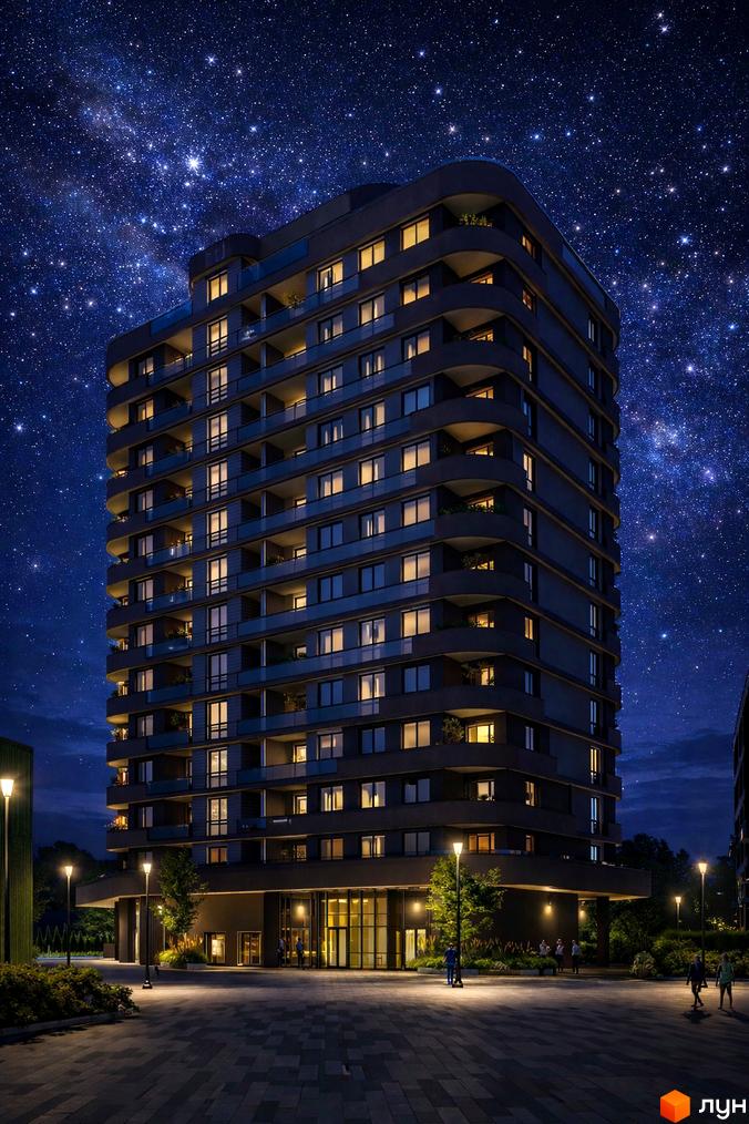 Житловий комплекс Protezione з балконами та вікнами, що світяться, на тлі зоряного неба. Освітлена прибудинкова територія з деревами та людьми.
