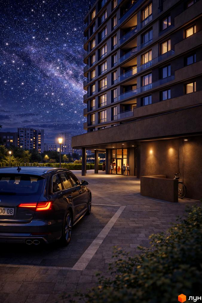 Житловий комплекс Protezione з балконами та великими вікнами на тлі зоряного неба. Прибудинкова територія з парковкою та зеленими насадженнями.