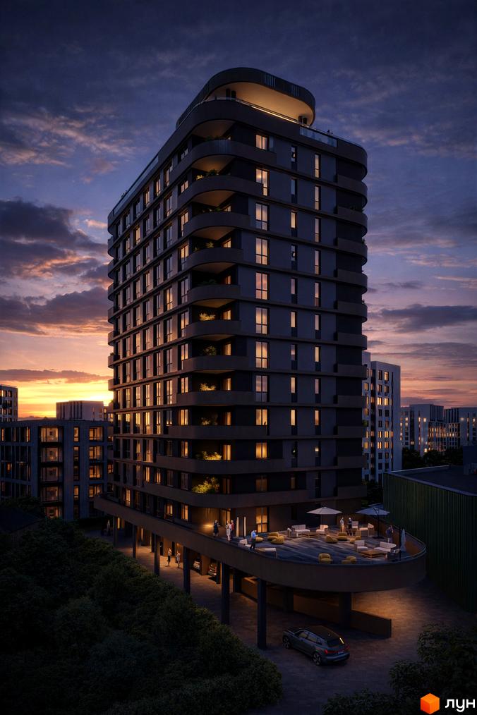 Житловий комплекс Protezione з балконами та терасою на даху, де розташовані люди та меблі. Навколо зелені насадження та сусідні новобудови.