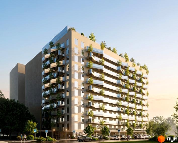 Житловий комплекс Володимирський з балконами, засадженими деревами, та скляною стелею на даху. Навколо будинку — дерева та доглянута прибудинкова територія.