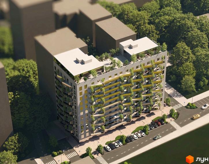 Житловий комплекс Володимирський з фасадами, оздобленими зеленню, та прибудинковою територією з парковкою та пішохідними переходами.