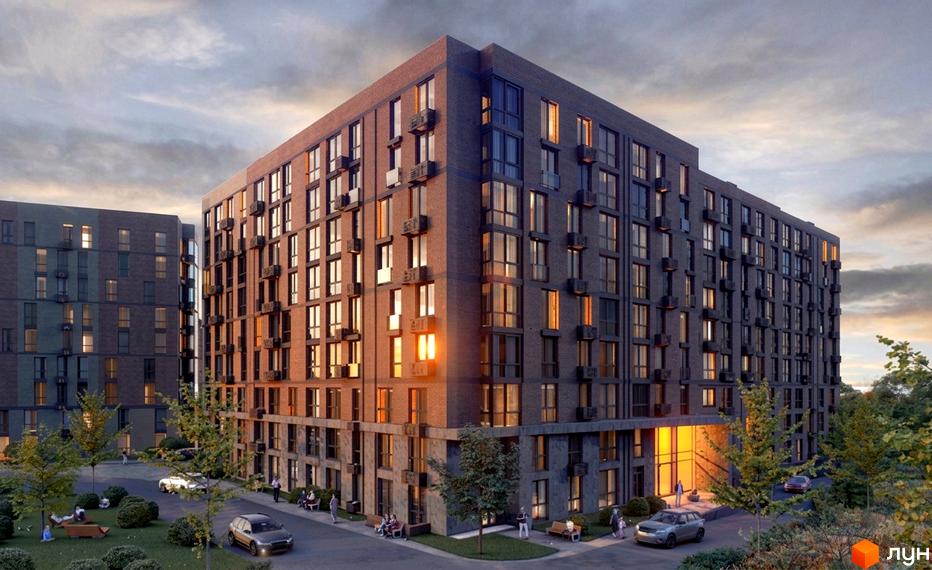 Зовнішній вигляд новобудови ЖК Vodogray UN1T з цегляним фасадом та великими вікнами, прибудинкова територія з деревами та місцями для відпочинку.