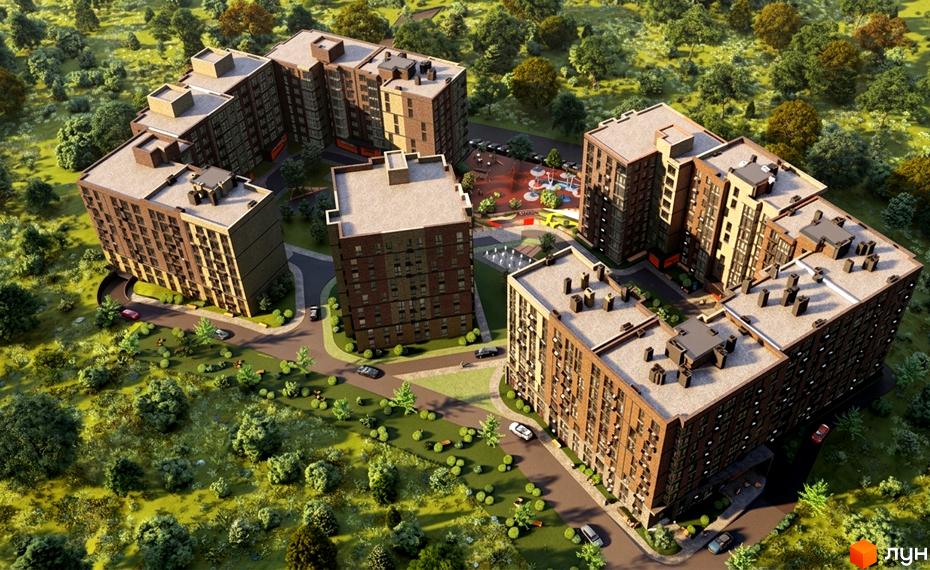 Житловий комплекс Vodogray UN1T з цегляними фасадами та прибудинковою територією з зеленими насадженнями та дитячим майданчиком.