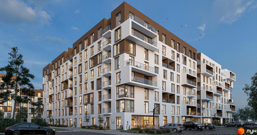 Зовнішній вигляд новобудови ЖК CONTINENT MODERN з балконами та вікнами, прибудинкова територія з деревами та автомобілями.