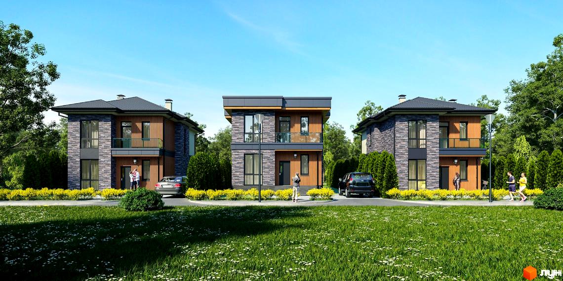 Котеджне містечко КМ SEVEN STONES: три двоповерхові будинки з кам'яним та дерев'яним фасадом, балконами, розташовані на доглянутій прибудинковій території з газоном та деревами.