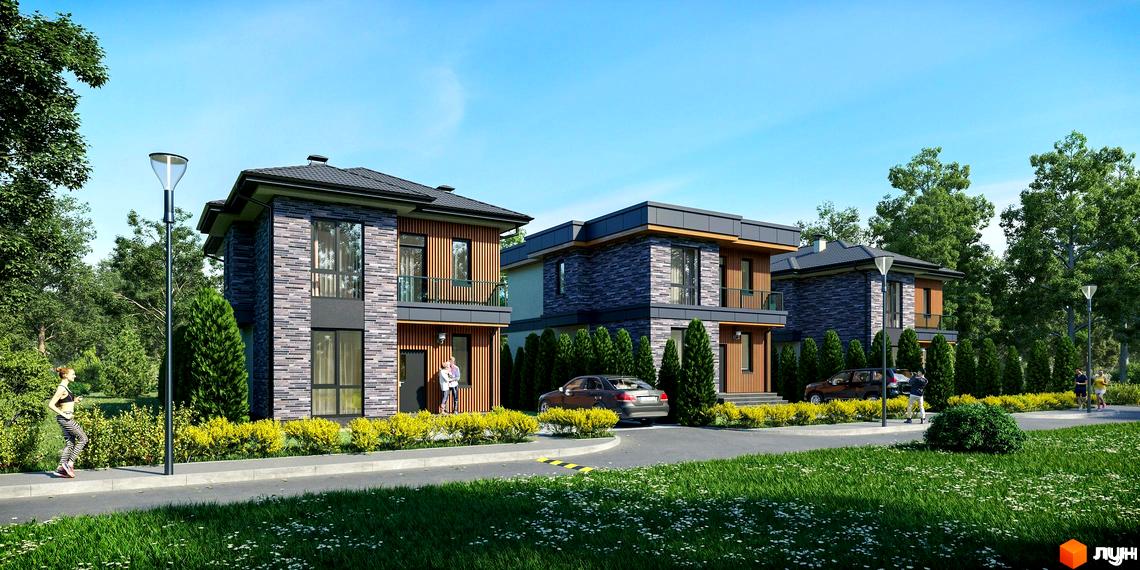 Котеджне містечко КМ SEVEN STONES. Триповерхові будинки з цегляним фасадом, балконами та великими вікнами, оточені зеленими деревами та кущами.