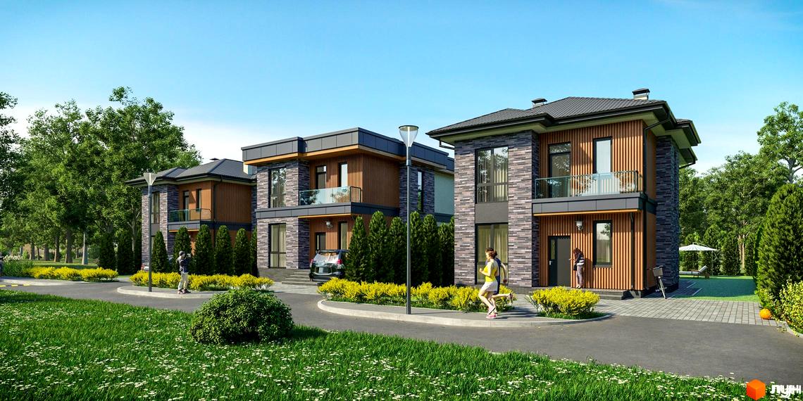 Котеджне містечко SEVEN STONES: фасади будинків з натурального каменю та дерева, з балконами та великими вікнами. Прибудинкова територія з доглянутими газонами, кущами та деревами.