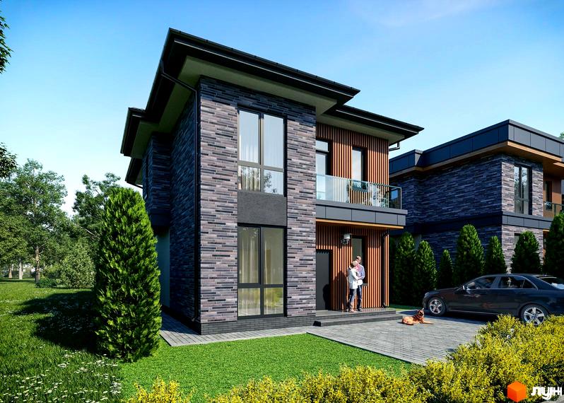 Котеджне містечко SEVEN STONES: двоповерховий будинок з цегляним фасадом, дерев'яними вставками та балконом. Прибудинкова територія з газоном, деревами та автомобілем.