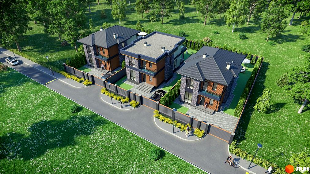 Котеджне містечко SEVEN STONES: три двоповерхові будинки з темними дахами, дерев'яними та кам'яними фасадами, огороджені парканом, на тлі зеленого ландшафту з деревами.