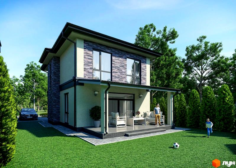 Котеджне містечко КМ SEVEN STONES: двоповерховий будинок з терасою та зоною відпочинку на прибудинковій території з газоном та деревами.