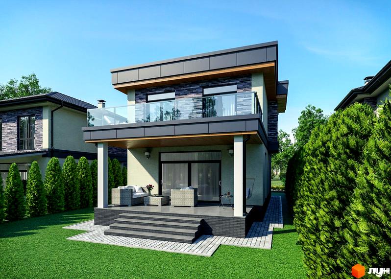 Котеджне містечко КМ SEVEN STONES. Двоповерховий будинок з балконом, терасою та ганком, оточений зеленню.