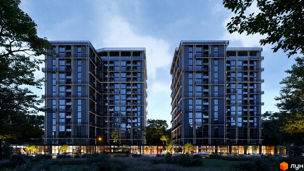 Житловий комплекс PARK AVENUE premium з темними фасадами та скляними балконами. Навколо будівель зелена територія з деревами та кущами.