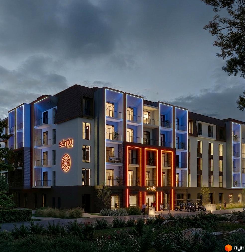 Апарт-комплекс Sento by Ribas з підсвіченими фасадами та балконами, що виходить на доглянуту прибудинкову територію з деревами та кущами.