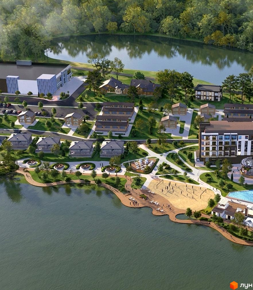 Апарт-комплекс Sento by Ribas з сучасними будівлями та облаштованою прибудинковою територією біля озера. Комплекс пропонує комфортне проживання та відпочинок на березі.