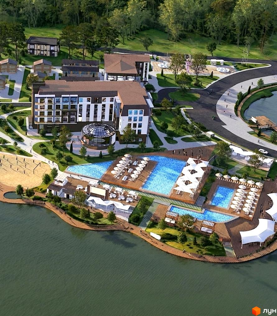 Апарт-комплекс Sento by Ribas - вид зверху на будівлі з коричневими дахами та басейнами. Територія комплексу з зеленими зонами та озером.