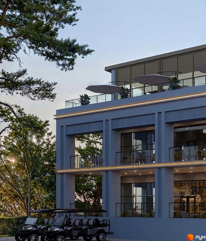 Апарт-комплекс Sento by Ribas з терасами та парасолями, поруч стоять гольф-кари. Фасад будівлі сірого кольору з великими вікнами та балконами.