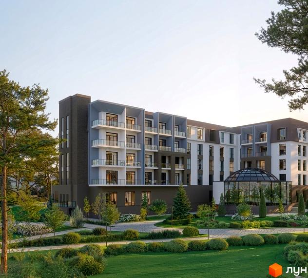 Апарт-комплекс Sento by Ribas з балконами та скляним куполом, оточений доглянутим ландшафтним парком з зеленими газонами та деревами.