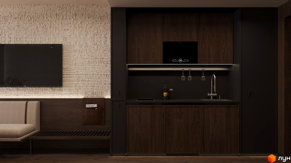 Сучасний дизайн кухні-вітальні в житловому комплексі Son Daven з дерев'яними фасадами та вбудованою технікою. Зручна зона відпочинку біля телевізора.