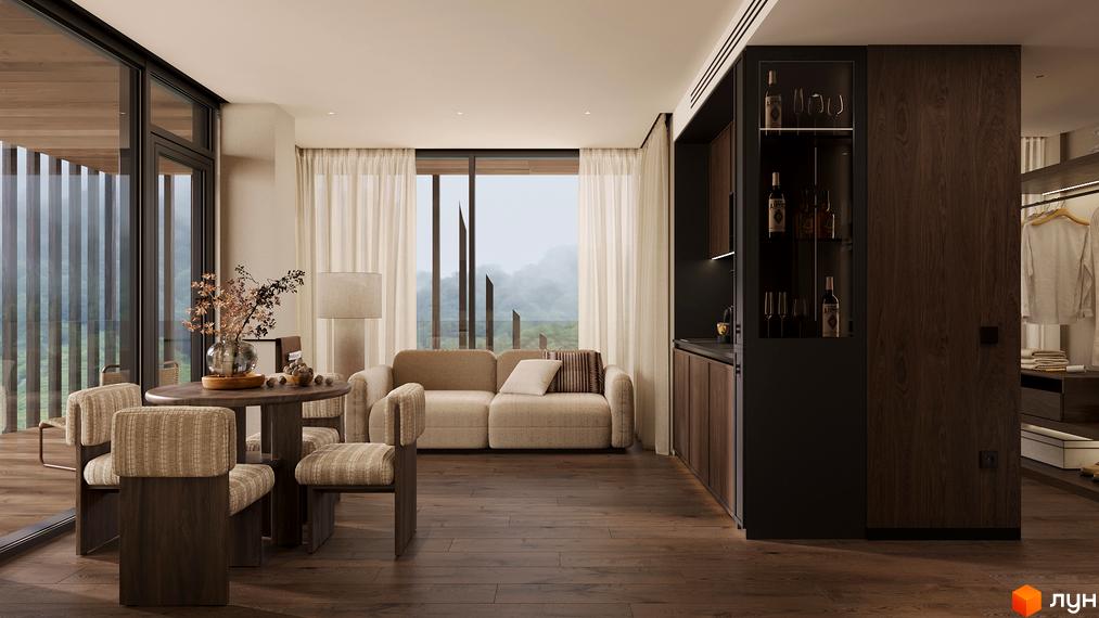 Інтер'єр квартири в Son Daven з обідньою зоною, диваном та міні-кухнею. Великі вікна з видом на зелені схили.