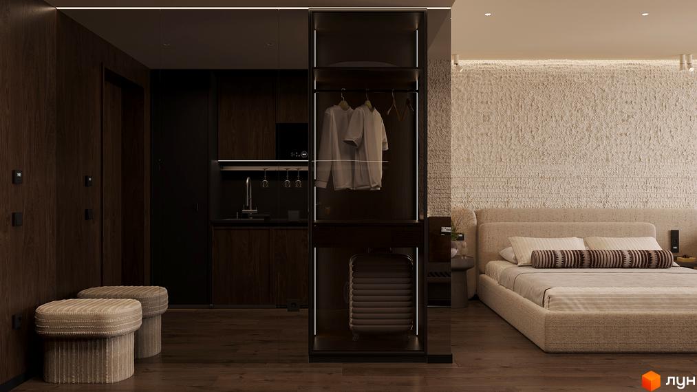 Інтер'єр квартири в Son Daven з міні-кухнею, гардеробом та спальнею. Дизайн новобудови з дерев'яними акцентами та світлими тонами.