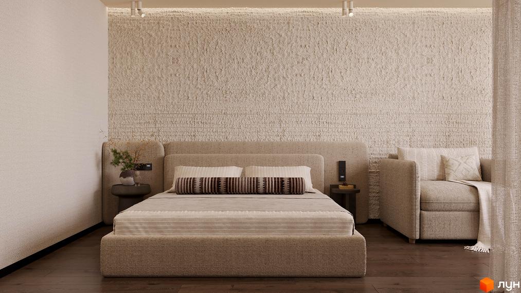 Інтер'єр спальні в житловому комплексі Son Daven з ліжком, приліжковими тумбами та кріслом. На стіні текстурне оздоблення.