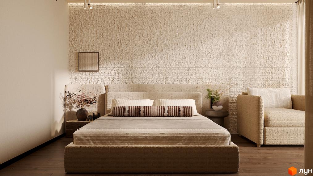 Інтер'єр спальні в житловому комплексі Son Daven. Затишна атмосфера з ліжком, подушками та декоративним оздобленням стін.