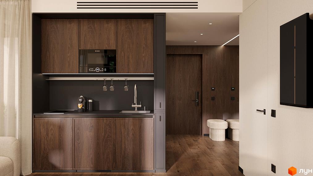 Інтер'єр квартири в житловому комплексі Son Daven з вбудованою кухнею та дерев'яними фасадами. Сучасний дизайн та функціональне планування.