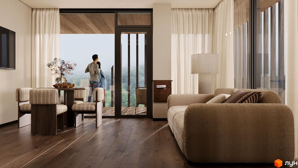 Інтер'єр вітальні з панорамними вікнами, що виходять на ліс. Комплекс Son Daven пропонує комфортне проживання з видом на природу.