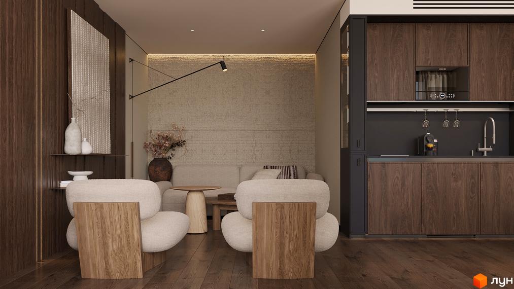 Інтер'єр вітальні в Son Daven з двома кріслами, диваном та кухонним гарнітуром. Сучасний дизайн з дерев'яними елементами.