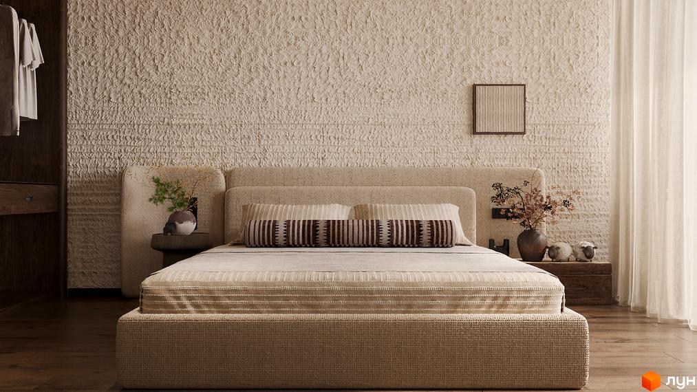 Спальня в стилі бохо з текстурними стінами та ліжком з натуральних тканин. Son Daven - комфортне житло для вашої родини.