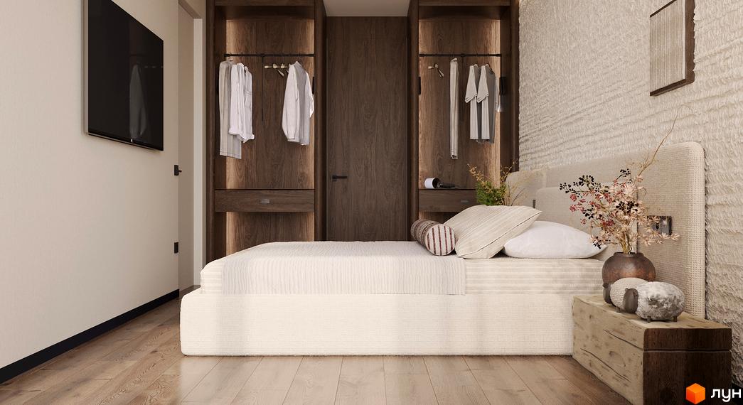 Інтер'єр спальні в житловому комплексі Son Daven з телевізором, шафою та ліжком. Дизайн кімнати виконаний в спокійних тонах з дерев'яними елементами.