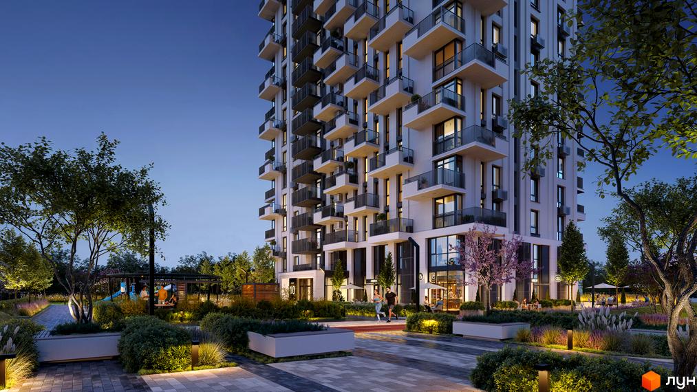Житловий комплекс Central Park Vinnytsia з балконами та прибудинковою територією з деревами та освітленням.