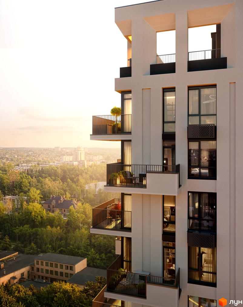 Житловий комплекс Central Park Vinnytsia з балконами та вікнами, що виходять на зелене місто. Вид на новобудову ззовні та прибудинкову територію.